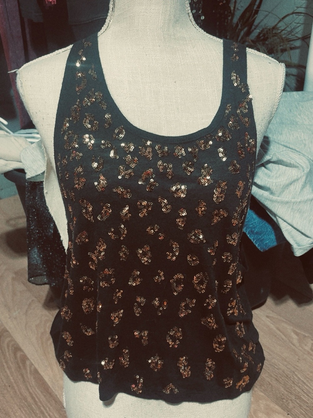 PINK Victoria's Secret Black Tank with Gold Sequin Leopard Spots